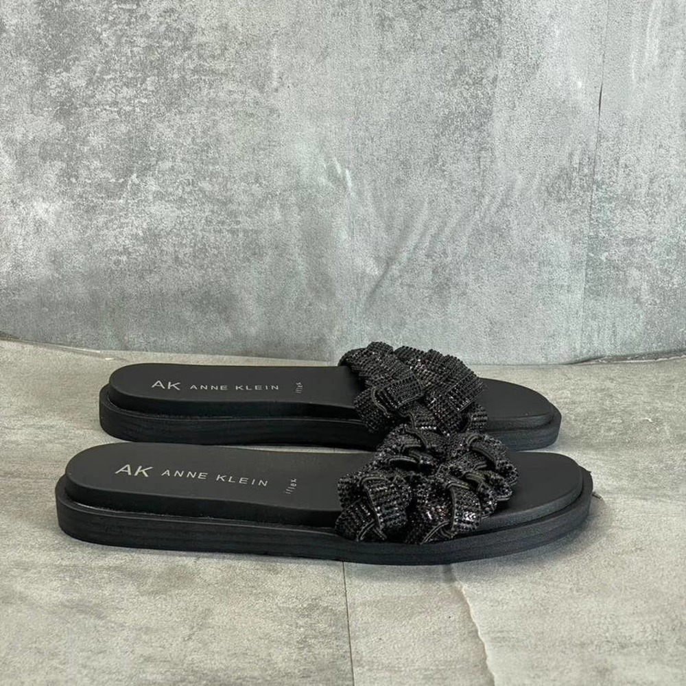 Anne Klein Women's Black Journi Rhinestone Embellished Flat Slide Sandals SZ 8.5